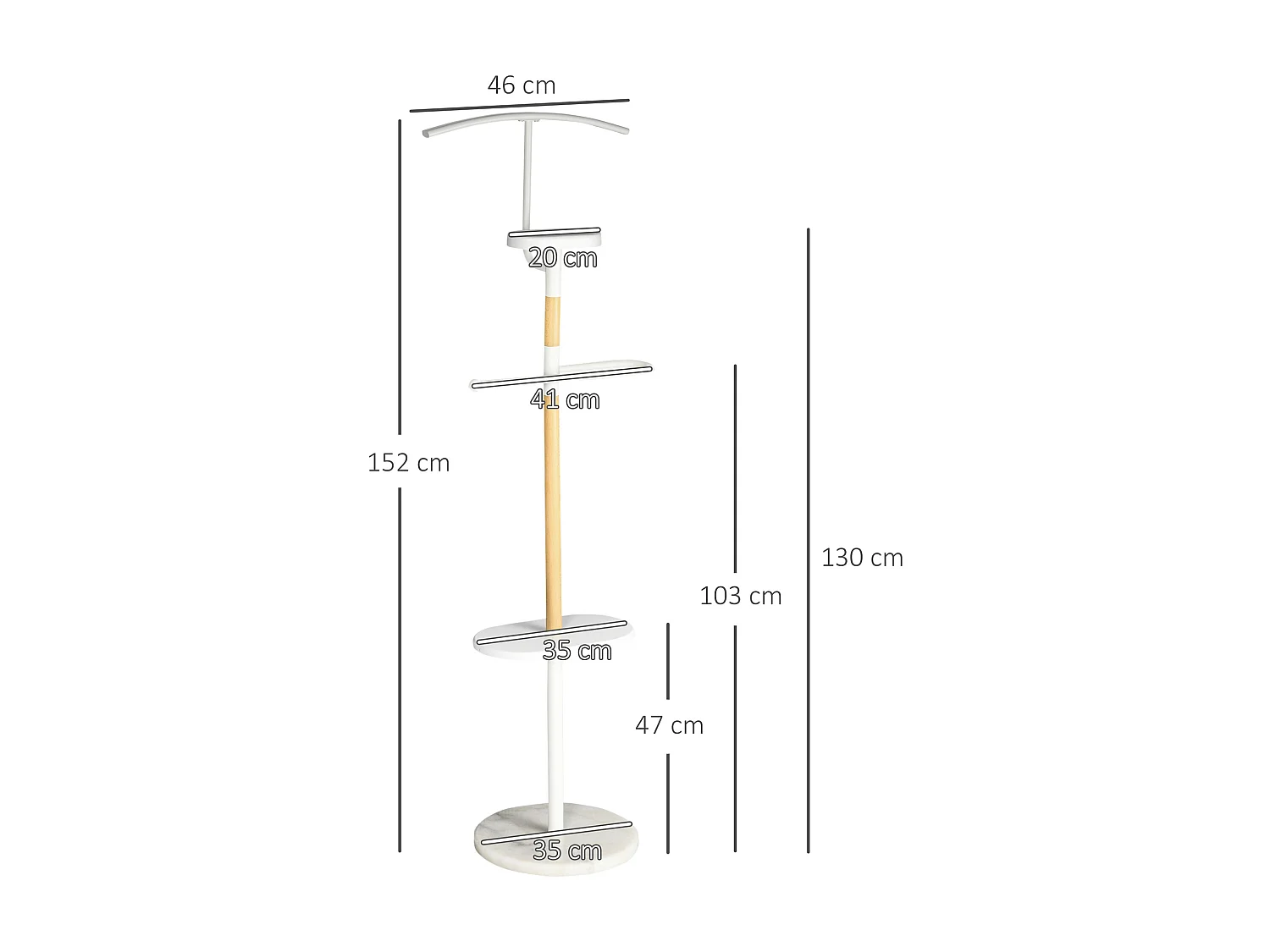 Valet de nuit - valet de chambre style nordique - 2 tiges, étagère, vide poche - piètement marbre blanc métal bois de hêtre