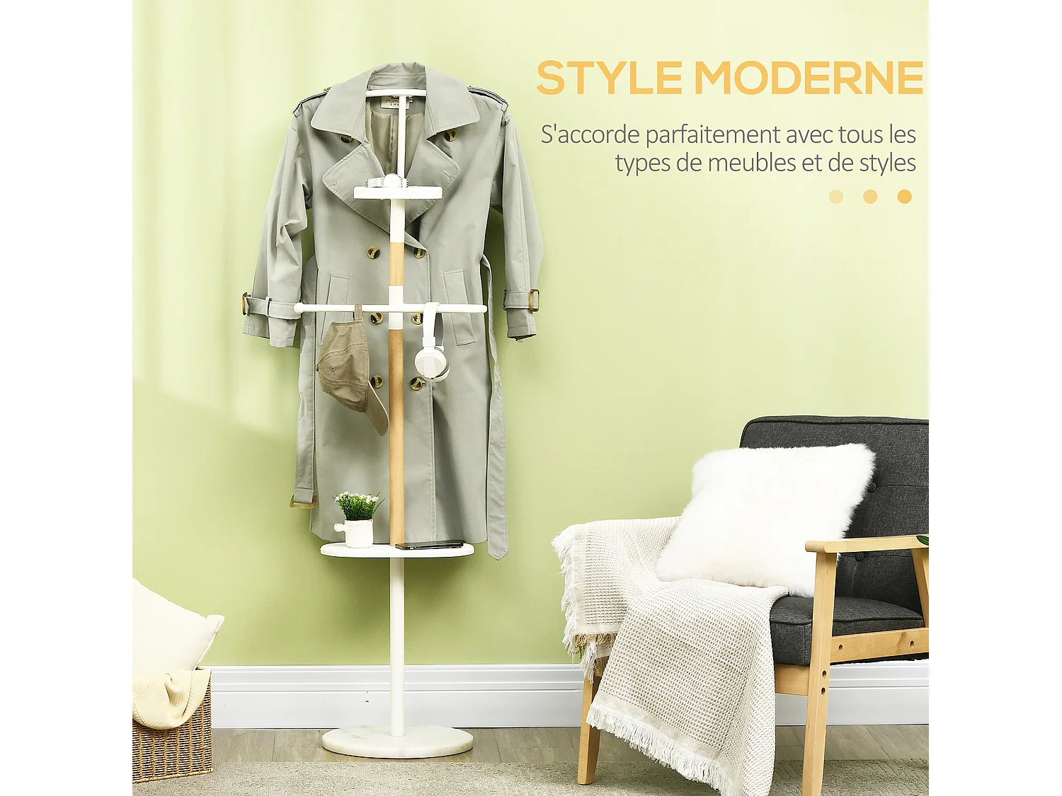 Valet de nuit - valet de chambre style nordique - 2 tiges, étagère, vide poche - piètement marbre blanc métal bois de hêtre