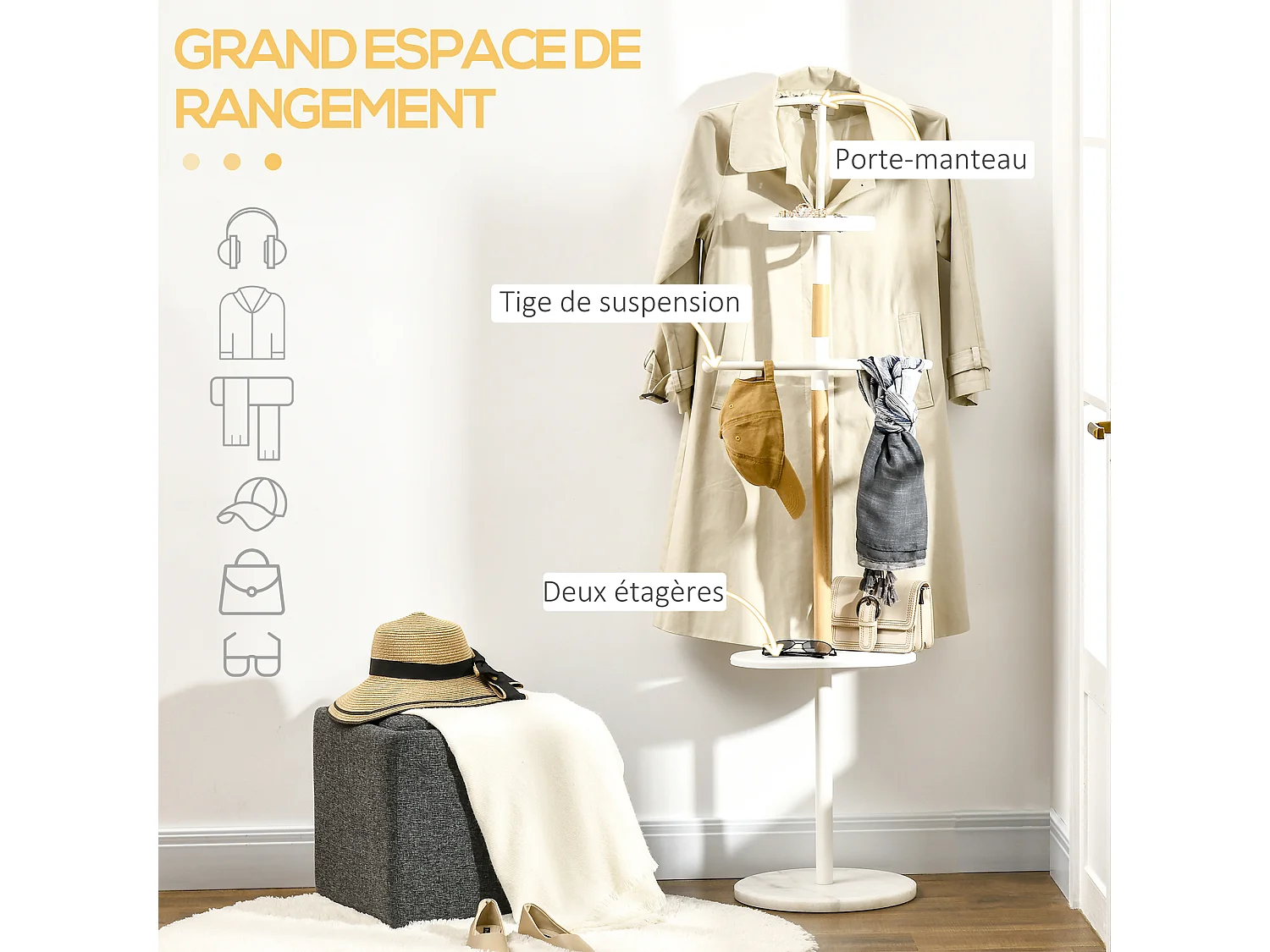 Valet de nuit - valet de chambre style nordique - 2 tiges, étagère, vide poche - piètement marbre blanc métal bois de hêtre