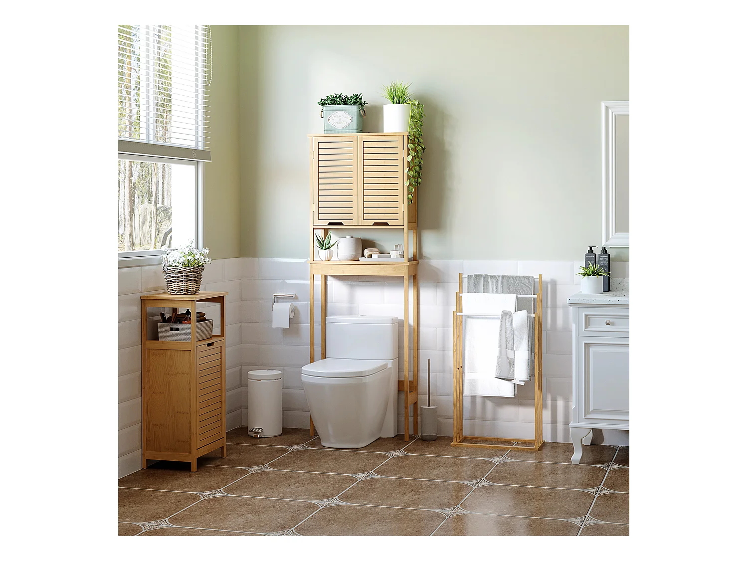 Porte-serviette autoportant 3 barres - dim. 48L x 25l x 94H cm - bois bambou acier blanc