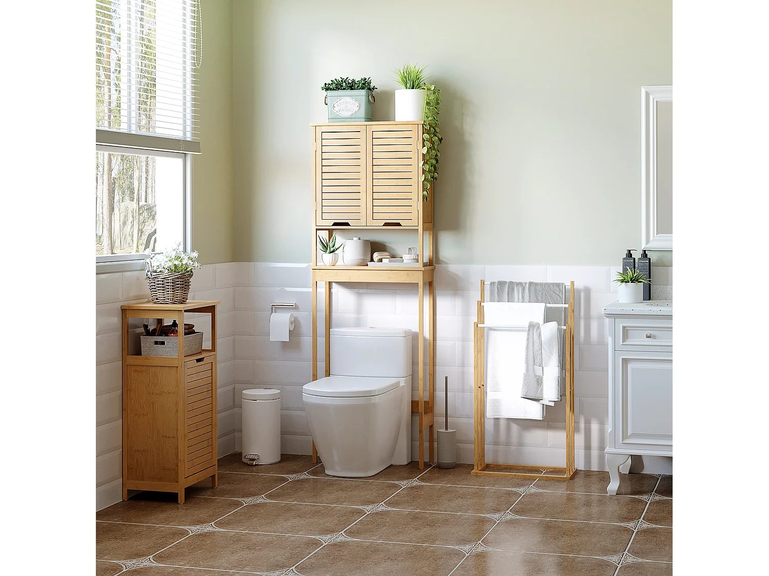 Porte-serviette autoportant 3 barres - dim. 48L x 25l x 94H cm - bois bambou acier blanc