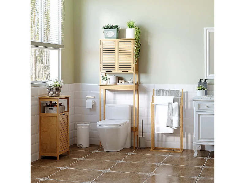 Porte-serviette autoportant 3 barres - dim. 48L x 25l x 94H cm - bois bambou acier blanc