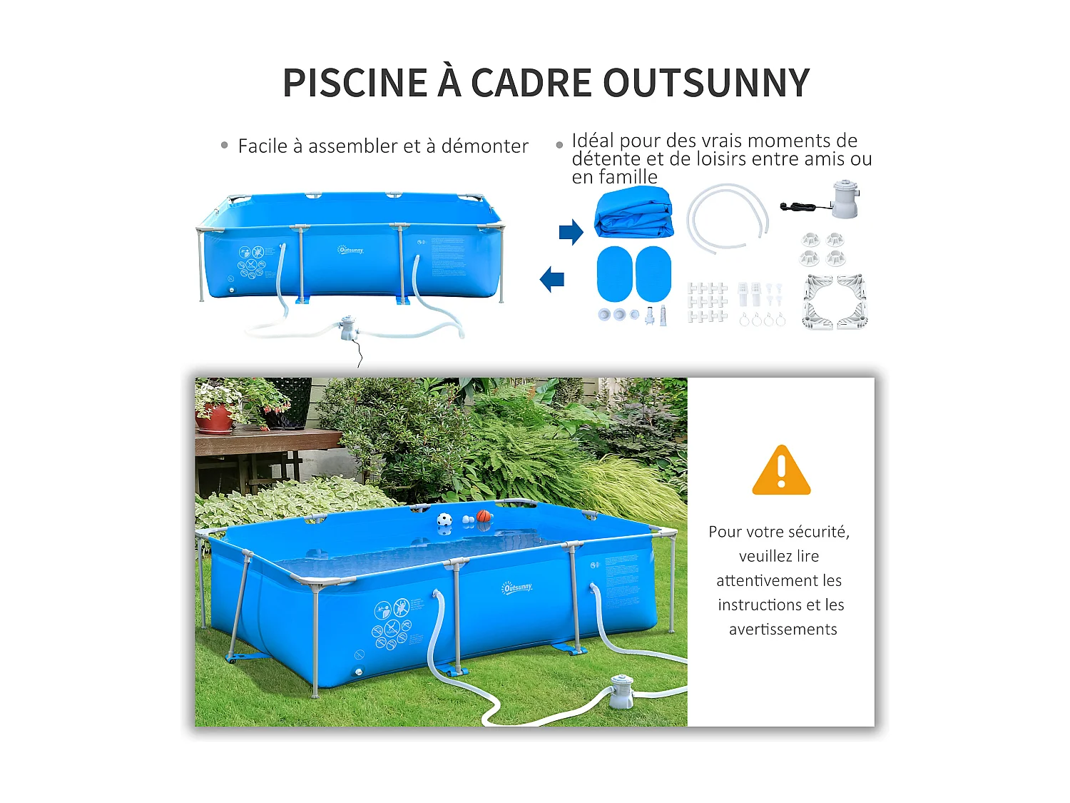Piscine tubulaire hors sol rectangulaire cadre en métal avec filtre 292L x 190l x 75H cm bleu