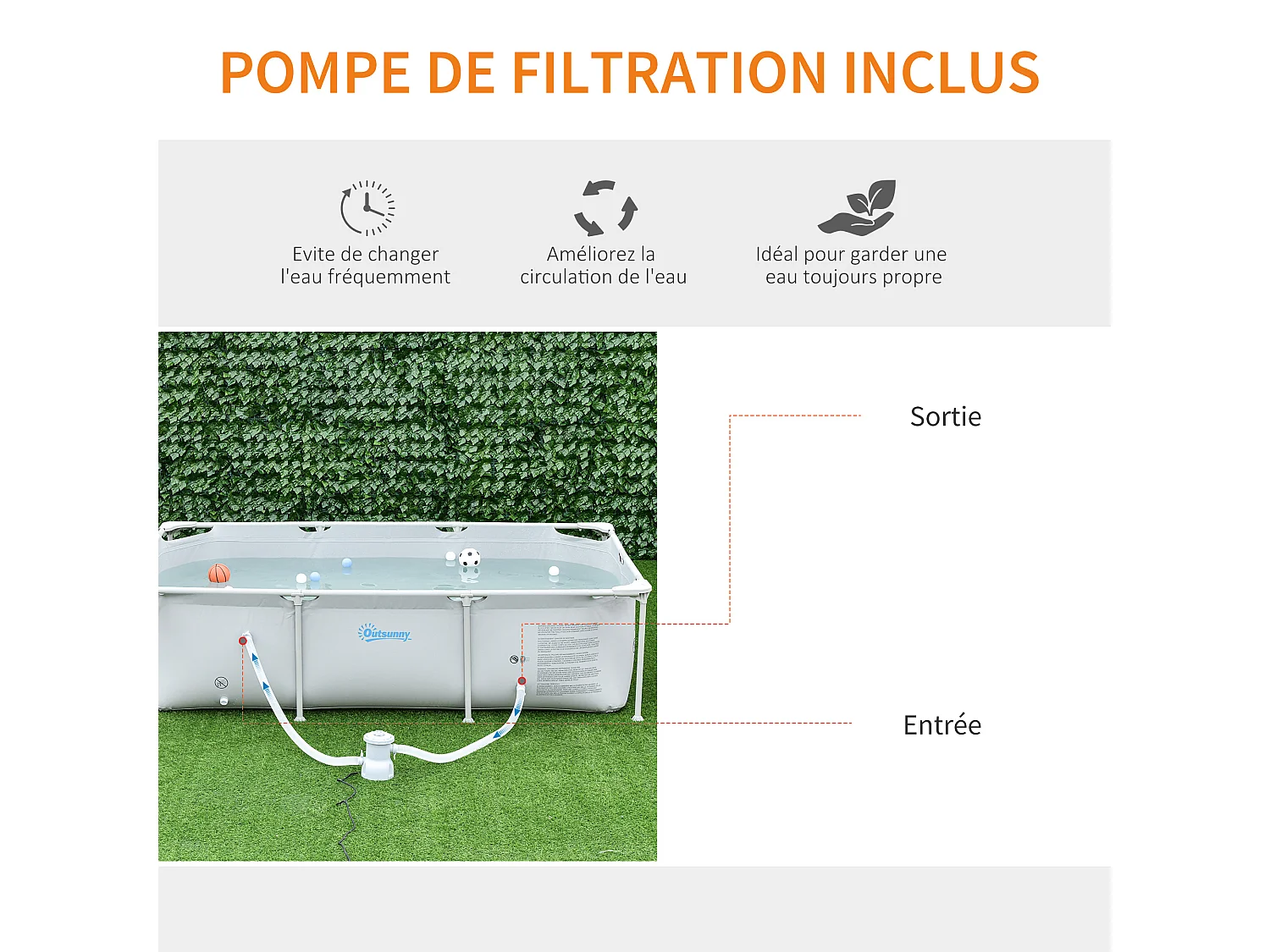 Piscine tubulaire hors sol rectangulaire cadre en métal avec filtre 252L x 152l x 65H cm gris