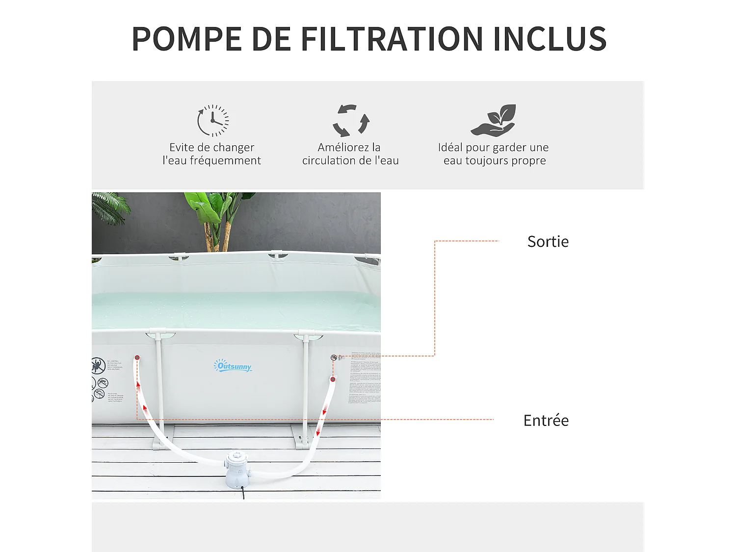 Piscine tubulaire hors sol rectangulaire cadre en métal avec filtre 292L x 190l x 75H cm gris
