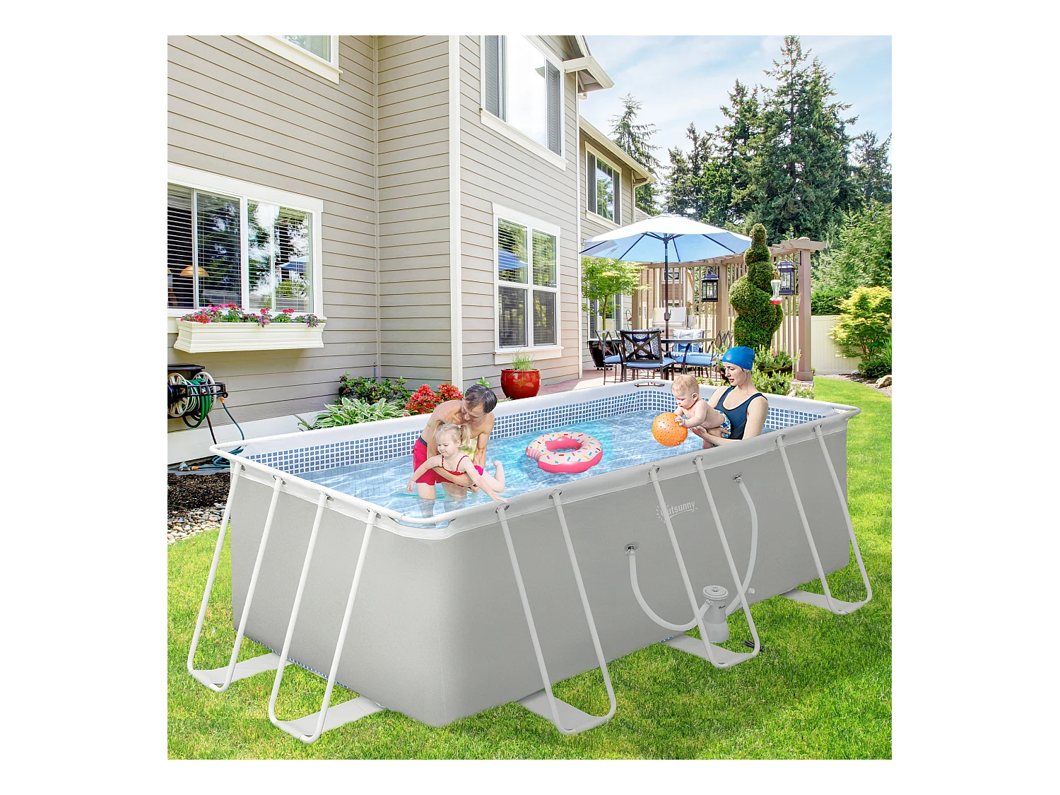 Piscine tubulaire hors sol rectangulaire avec filtre dim. 440L x 240l x 122H cm acier PVC gris clair