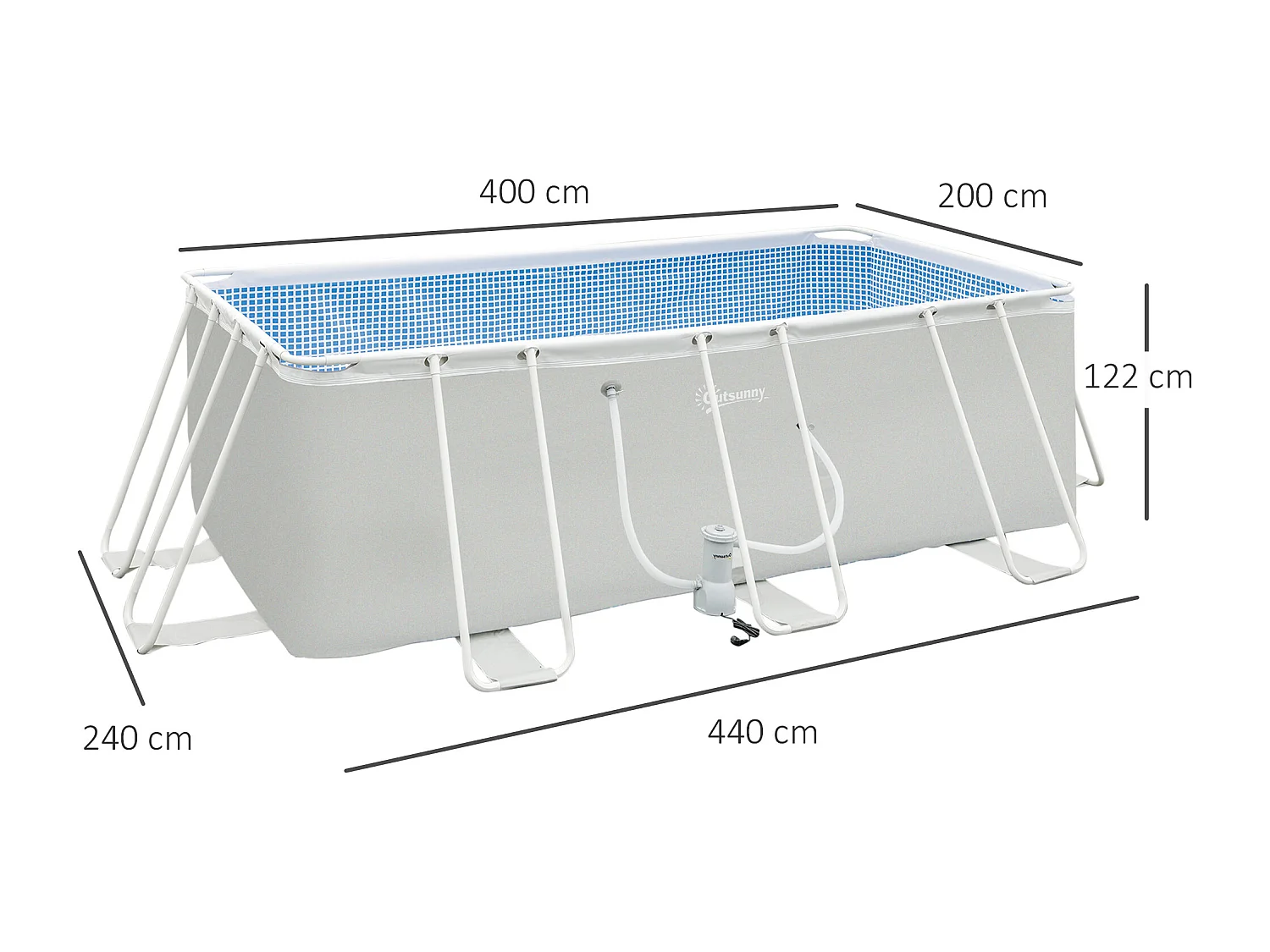 Piscine tubulaire hors sol rectangulaire avec filtre dim. 440L x 240l x 122H cm acier PVC gris clair