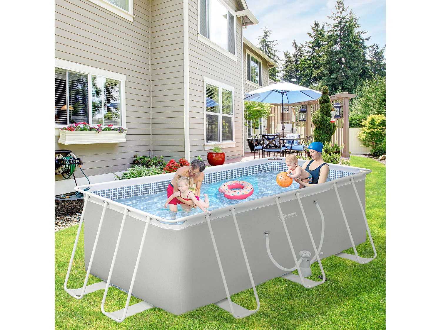 Piscine tubulaire hors sol rectangulaire avec filtre dim. 440L x 240l x 122H cm acier PVC gris clair