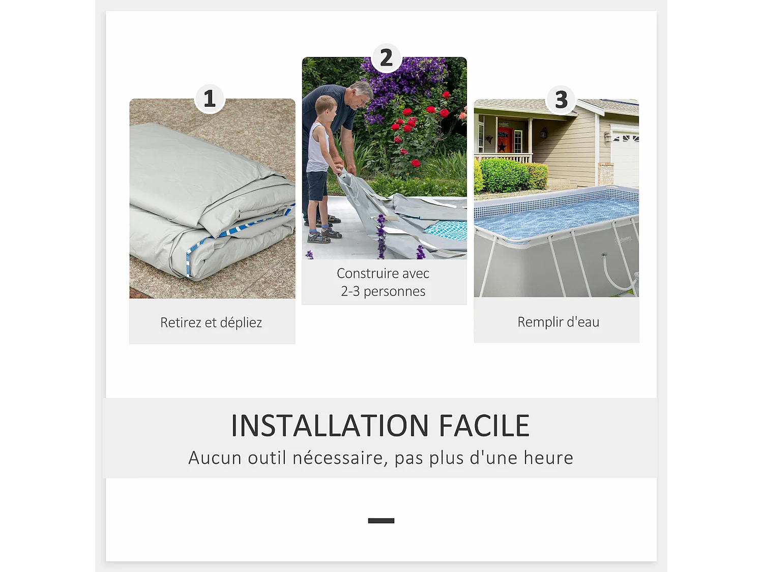 Piscine tubulaire hors sol rectangulaire avec filtre dim. 440L x 240l x 122H cm acier PVC gris clair