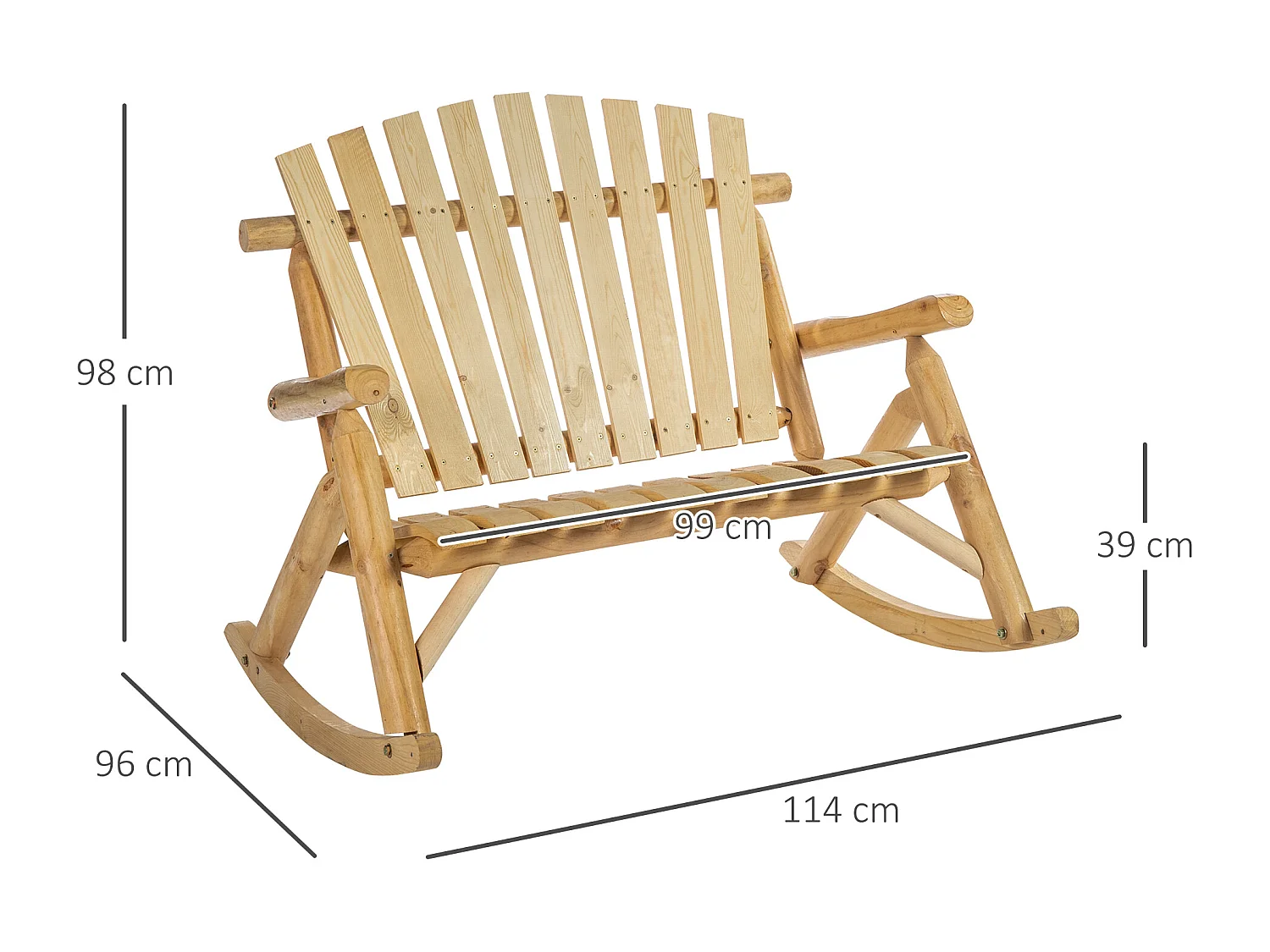 Fauteuil de jardin Adirondack à bascule 2 places rocking chair style néo-rétro assise dossier ergonomique bois naturel de pin
