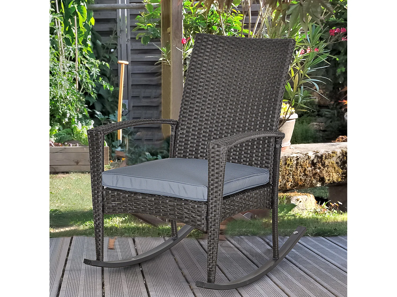 Fauteuil à bascule rocking chair avec coussin d'assise déhoussable 66L x 88l x 98H cm résine tressée imitation rotin grise
