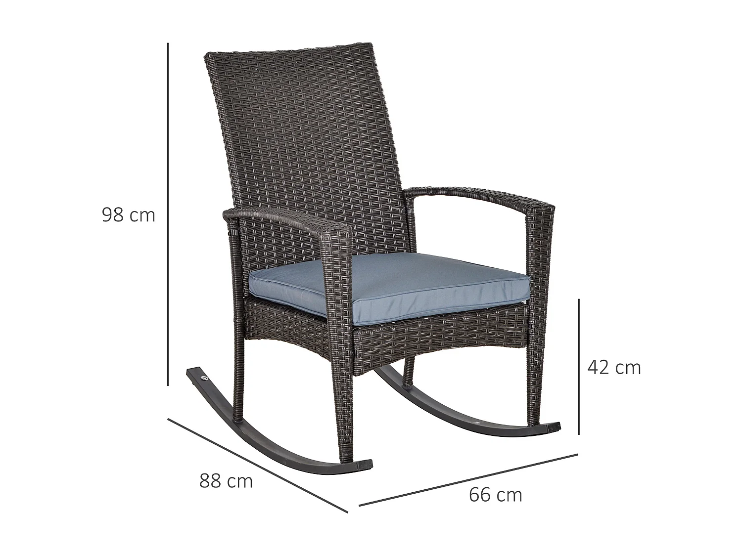 Fauteuil à bascule rocking chair avec coussin d'assise déhoussable 66L x 88l x 98H cm résine tressée imitation rotin grise