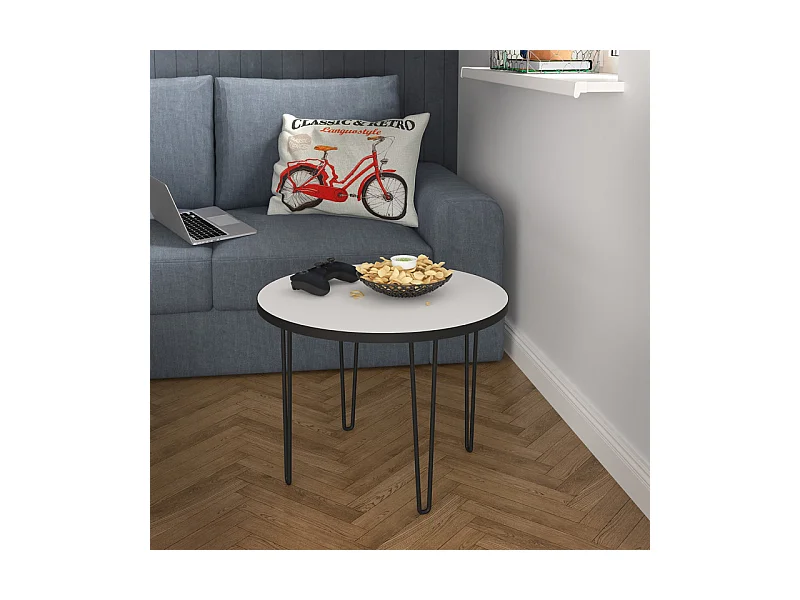 Table basse ronde D. 60 cm décor blanc pieds métal noir - LINDY