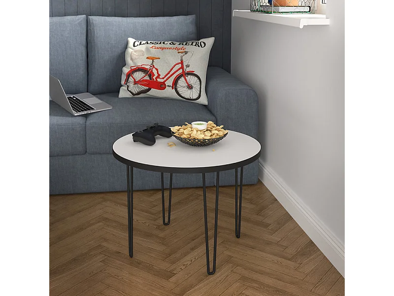 Table basse ronde D. 60 cm décor blanc pieds métal noir - LINDY