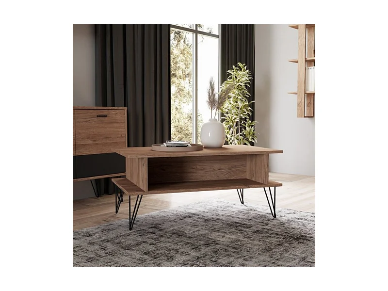 Table basse 100 cm décor chêne 2 niches pieds métal noir - KAY