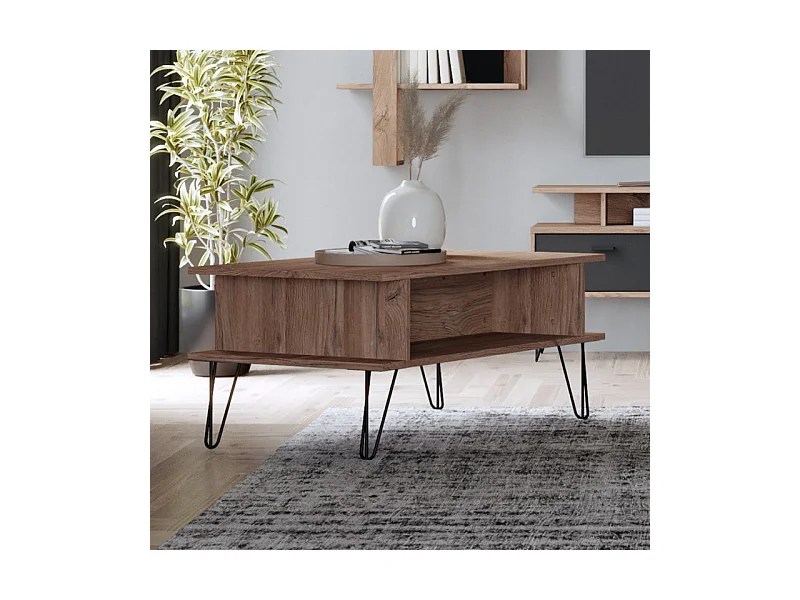 Table basse 100 cm décor chêne 2 niches pieds métal noir - KAY