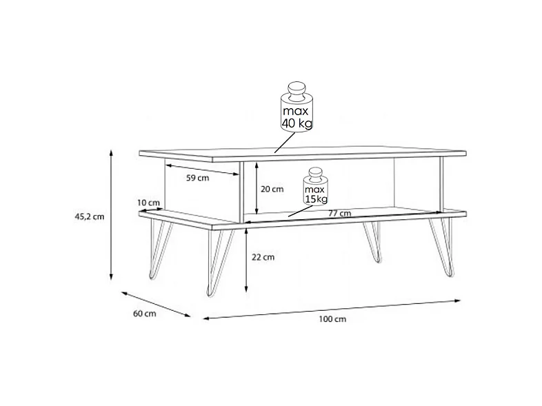 Table basse 100 cm décor chêne 2 niches pieds métal noir - KAY