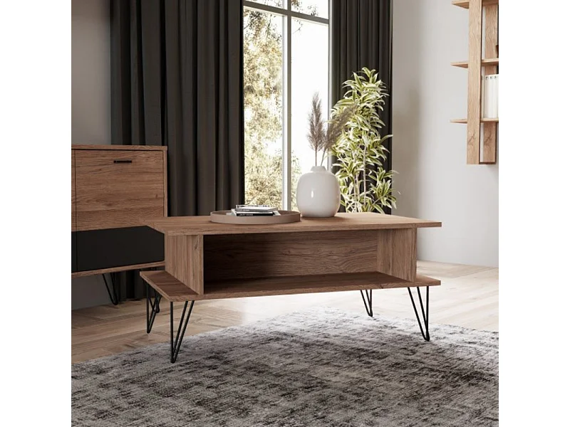 Table basse 100 cm décor chêne 2 niches pieds métal noir - KAY