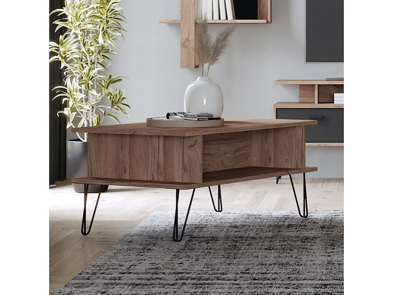 Table basse 100 cm décor chêne 2 niches pieds métal noir - KAY