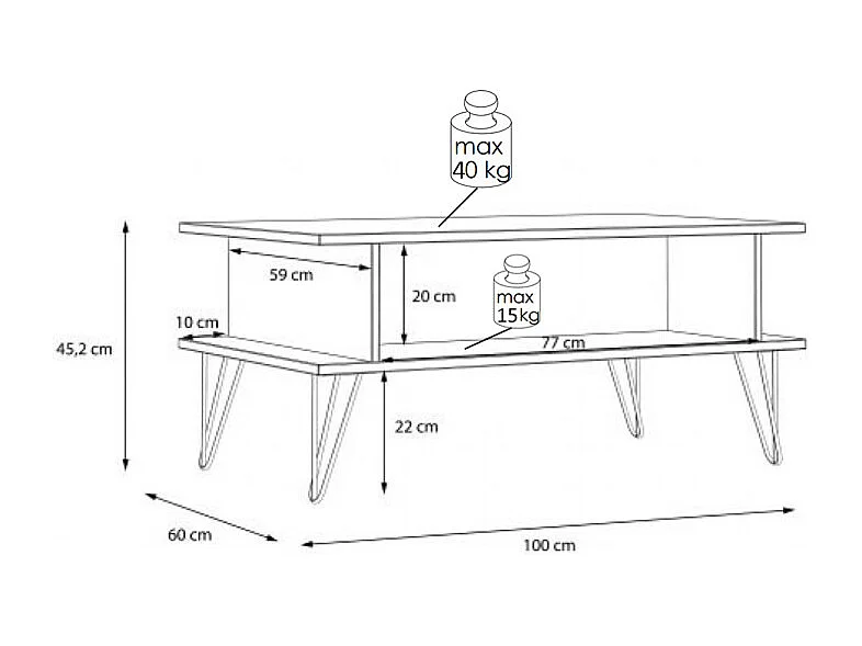 Table basse 100 cm décor chêne 2 niches pieds métal noir - KAY