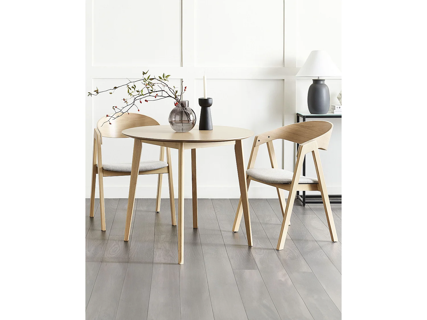 Esszimmerstuhl 2er Set heller Holzfarbton Stoffbezug grau mit Holzbeinen Yuba