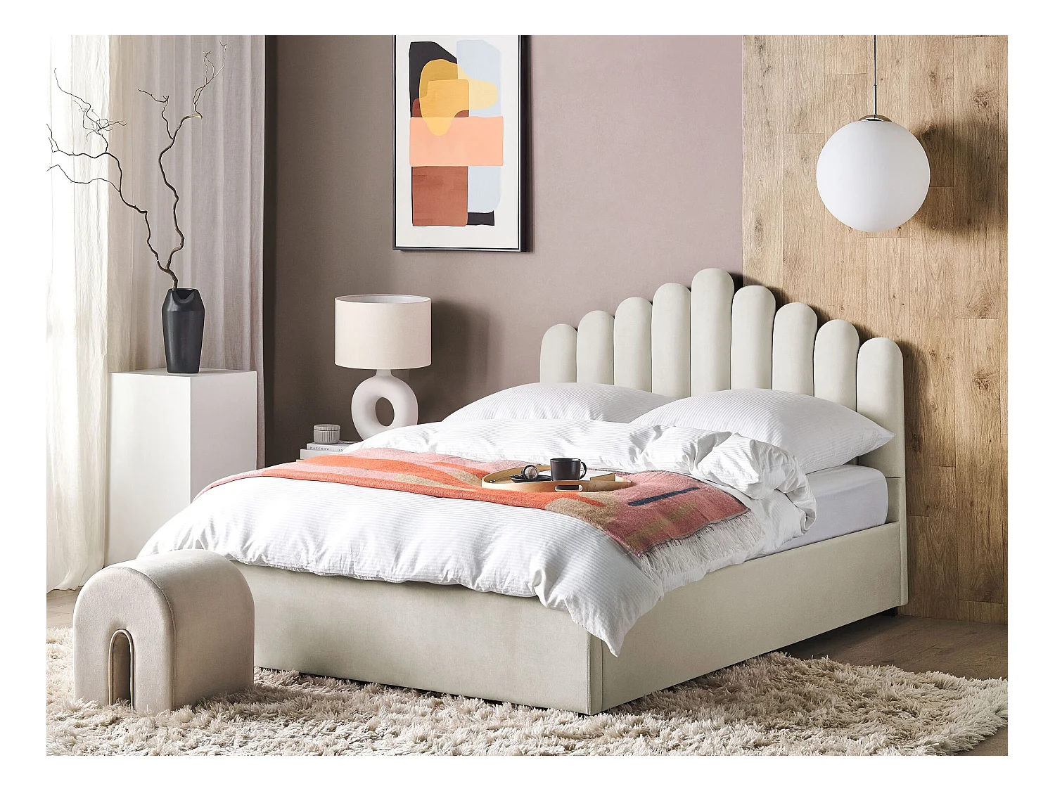 Lit ottoman Velours VINCENNES 160 x 200 cm Blanc cassé