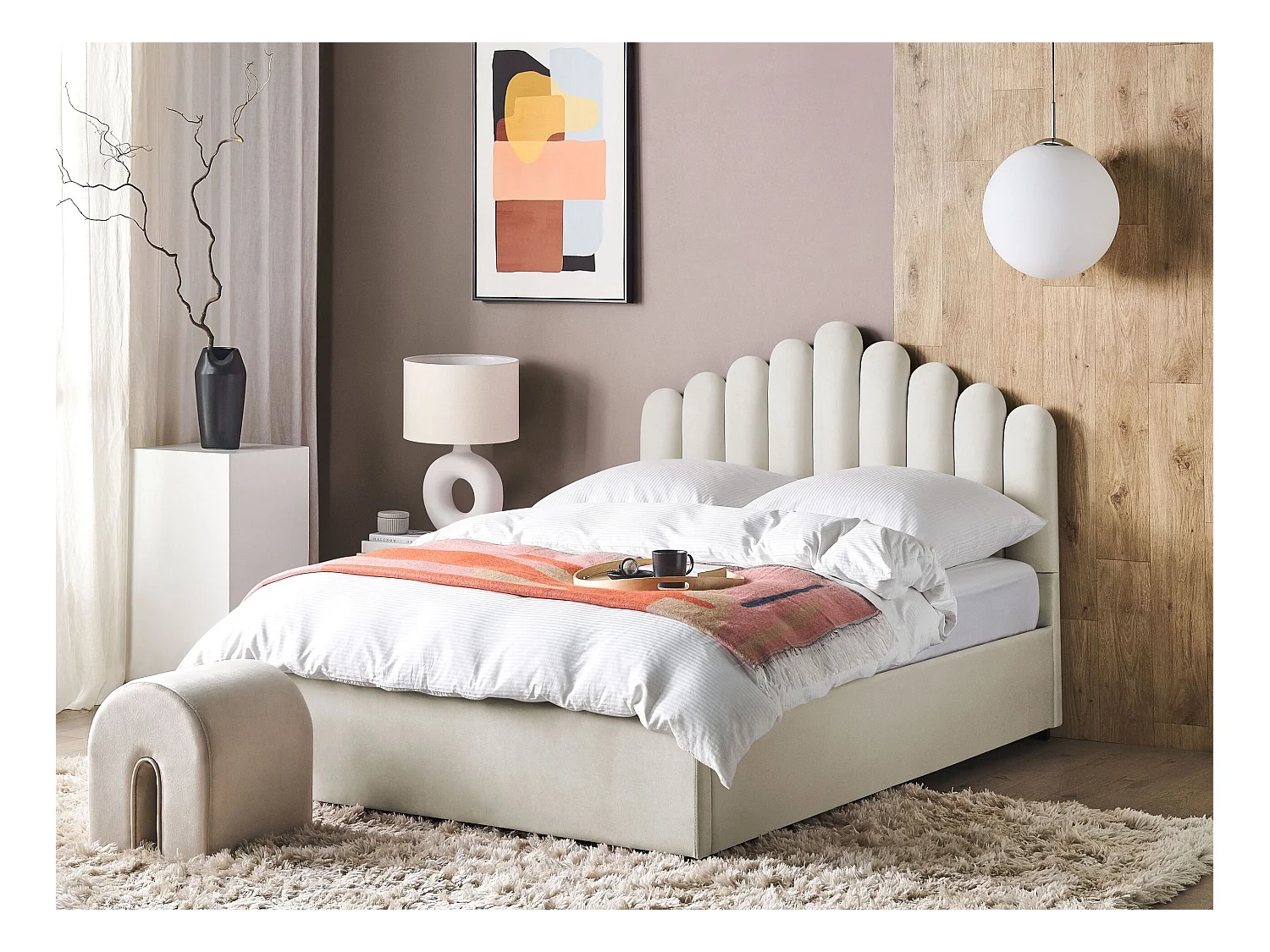 Lit ottoman Velours VINCENNES 140 x 200 cm Blanc cassé