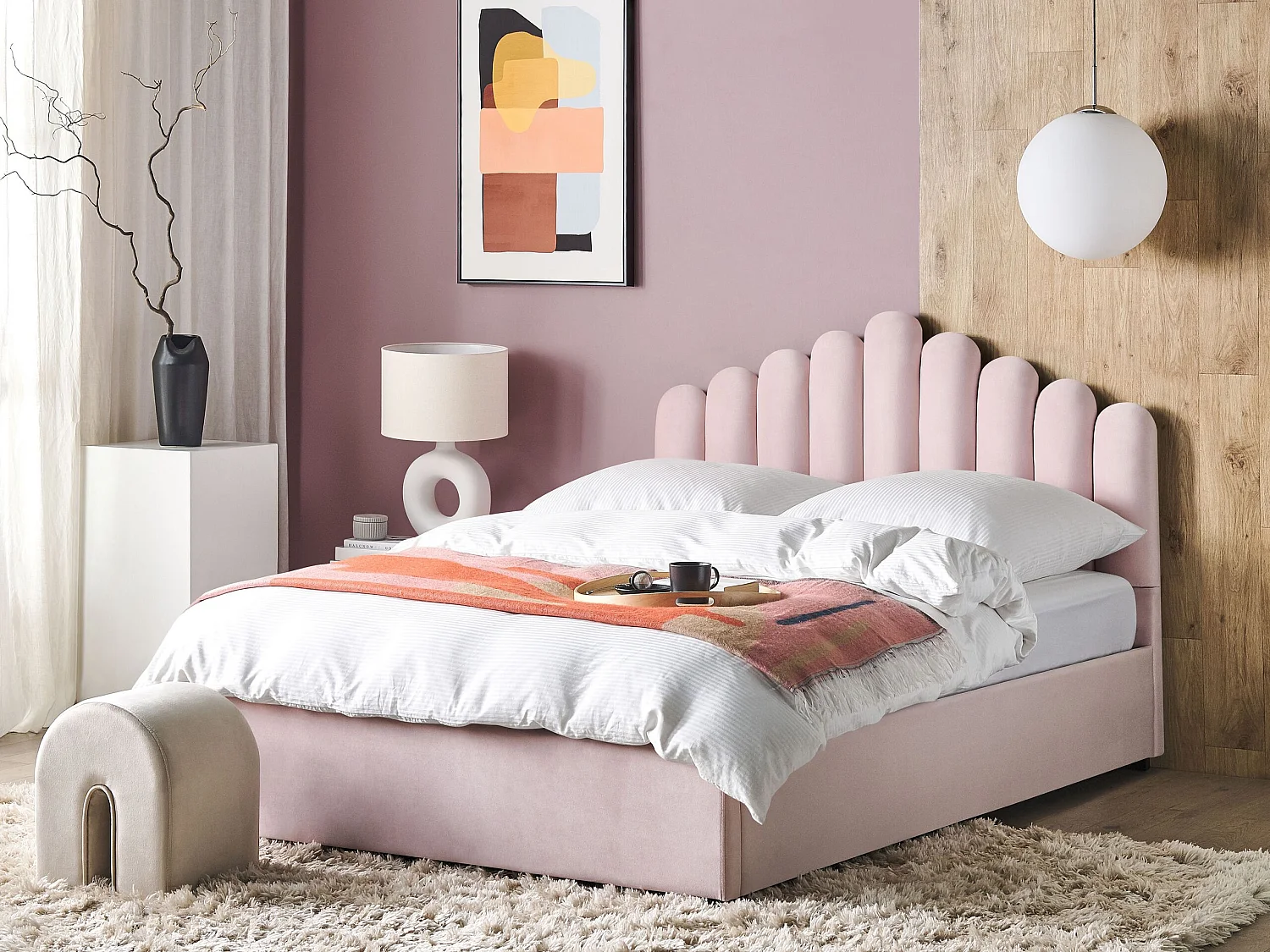 Lit ottoman Velours VINCENNES 180 x 200 cm Rose pastel