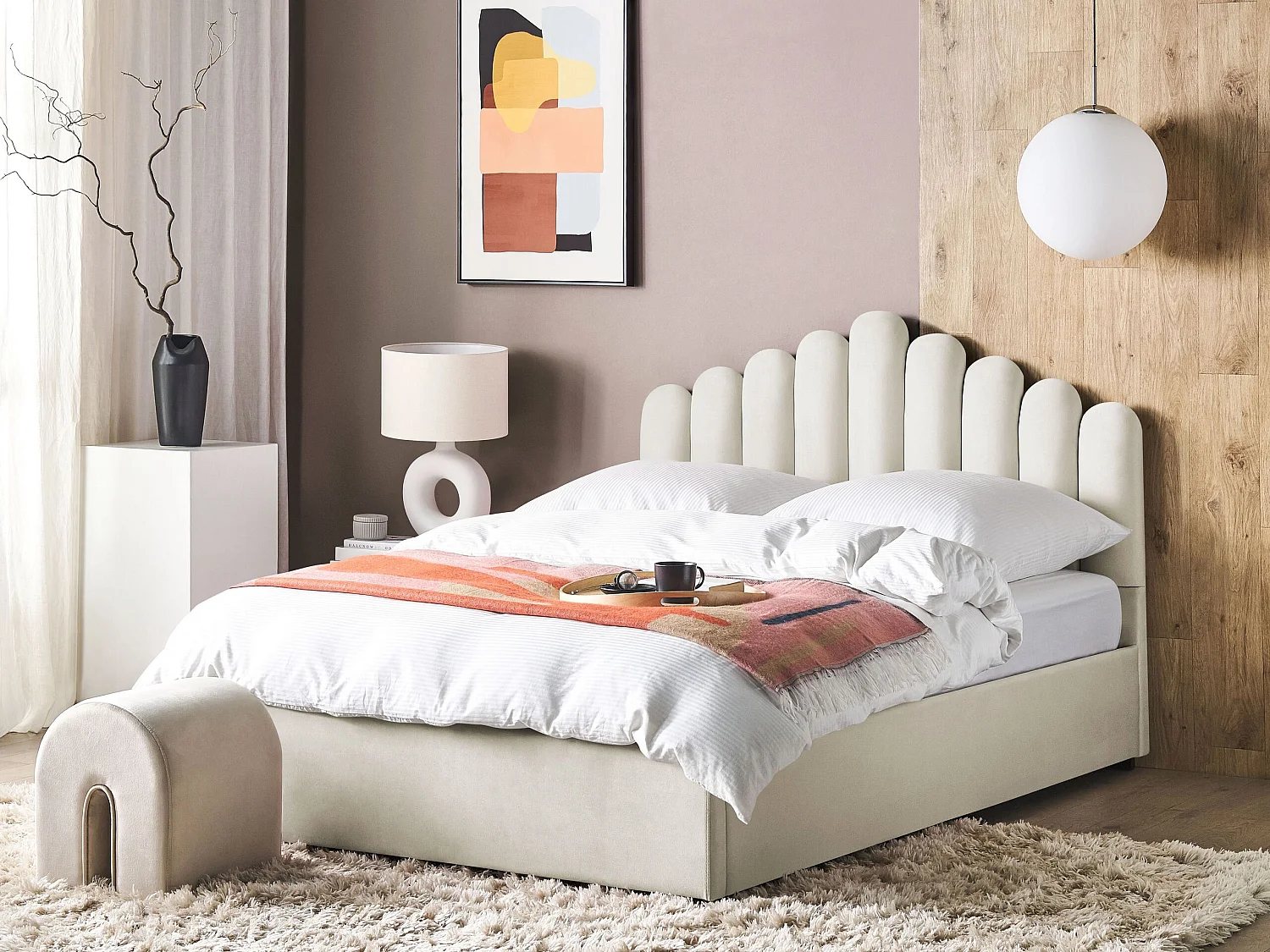 Lit ottoman Velours VINCENNES 180 x 200 cm Blanc cassé