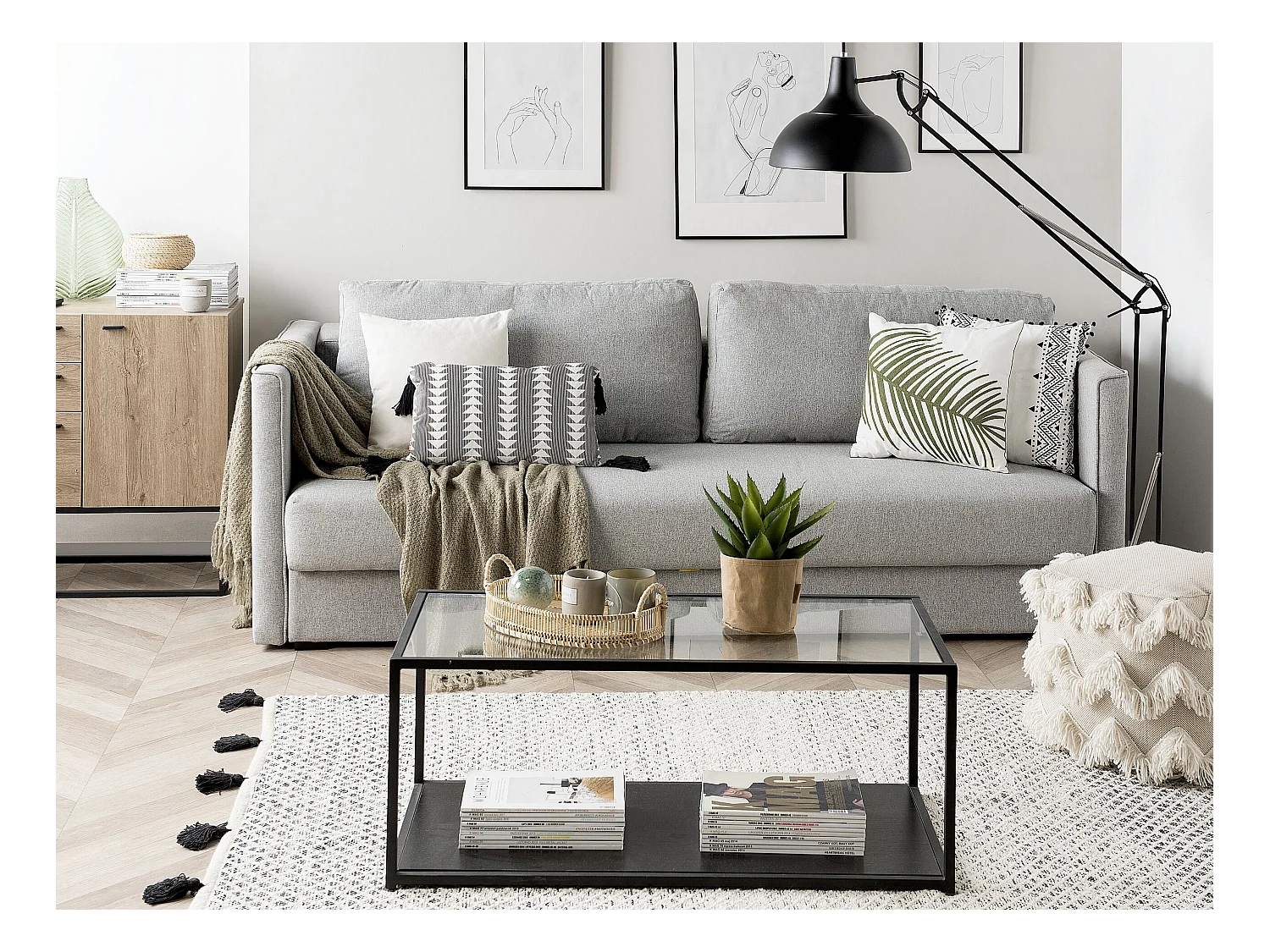 3-Sitzer Schlafsofa Stoff grau mit Bettkasten flachen Armlehnen geradlinig Eksjo