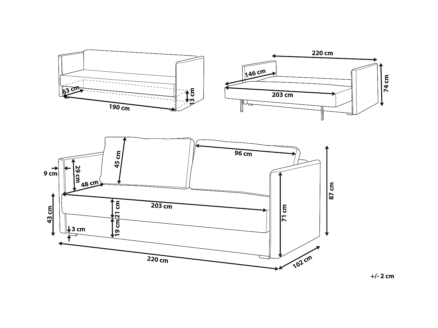 3-Sitzer Schlafsofa Stoff grau mit Bettkasten flachen Armlehnen geradlinig Eksjo