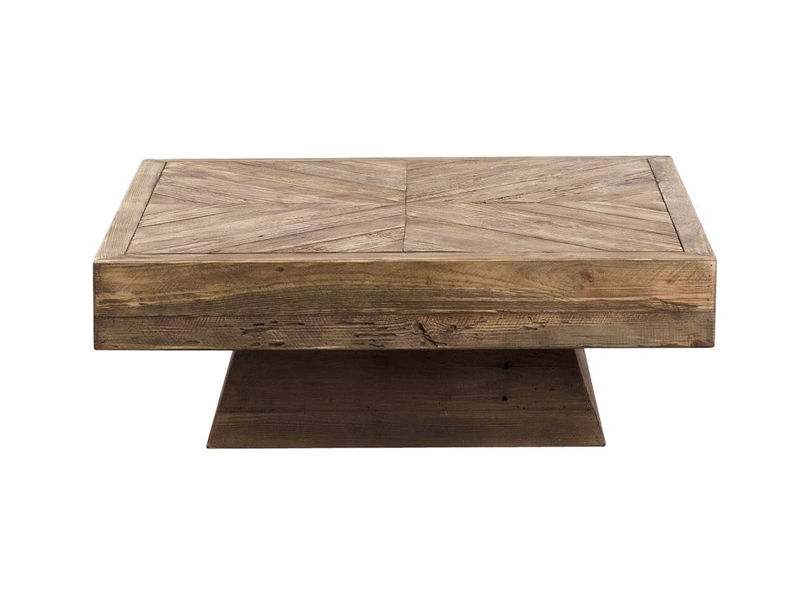 Mesa de centro cuadrada de madera reciclada con patrón de espiga y almacenamiento