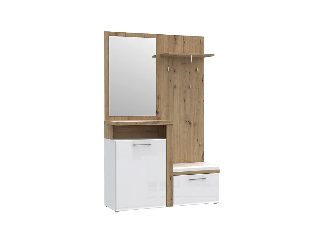 Meuble d'entrée 2 portes 1 miroir blanc laqué et décor bois - BERLIOZ