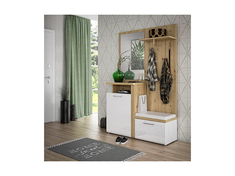 Meuble d'entrée 2 portes 1 miroir blanc laqué et décor bois - BERLIOZ