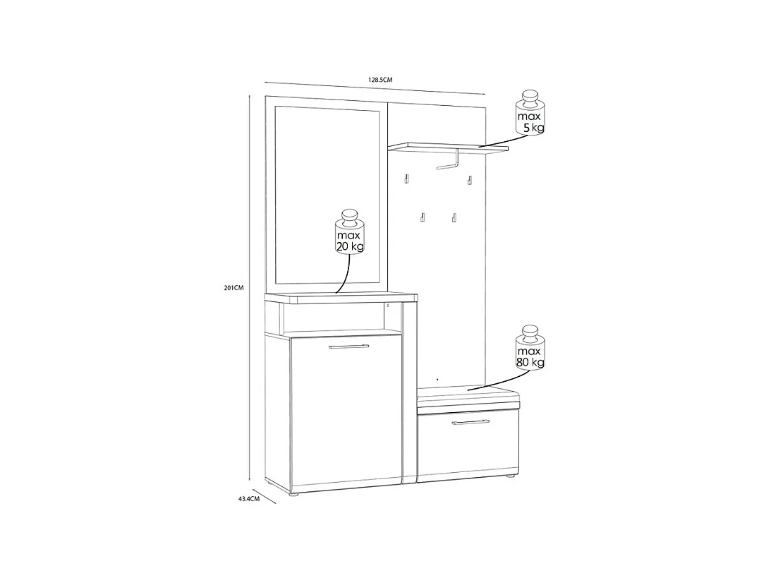 Meuble d'entrée 2 portes 1 miroir blanc laqué et décor bois - BERLIOZ