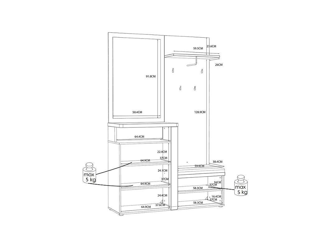 Meuble d'entrée 2 portes 1 miroir blanc laqué et décor bois - BERLIOZ