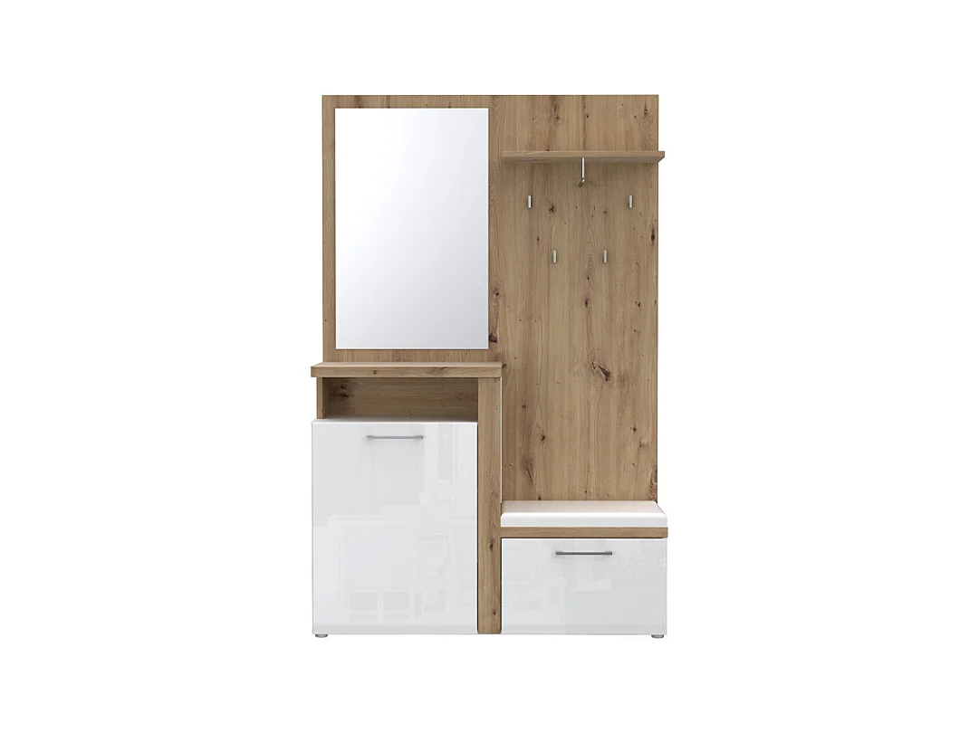 Meuble d'entrée 2 portes 1 miroir blanc laqué et décor bois - BERLIOZ