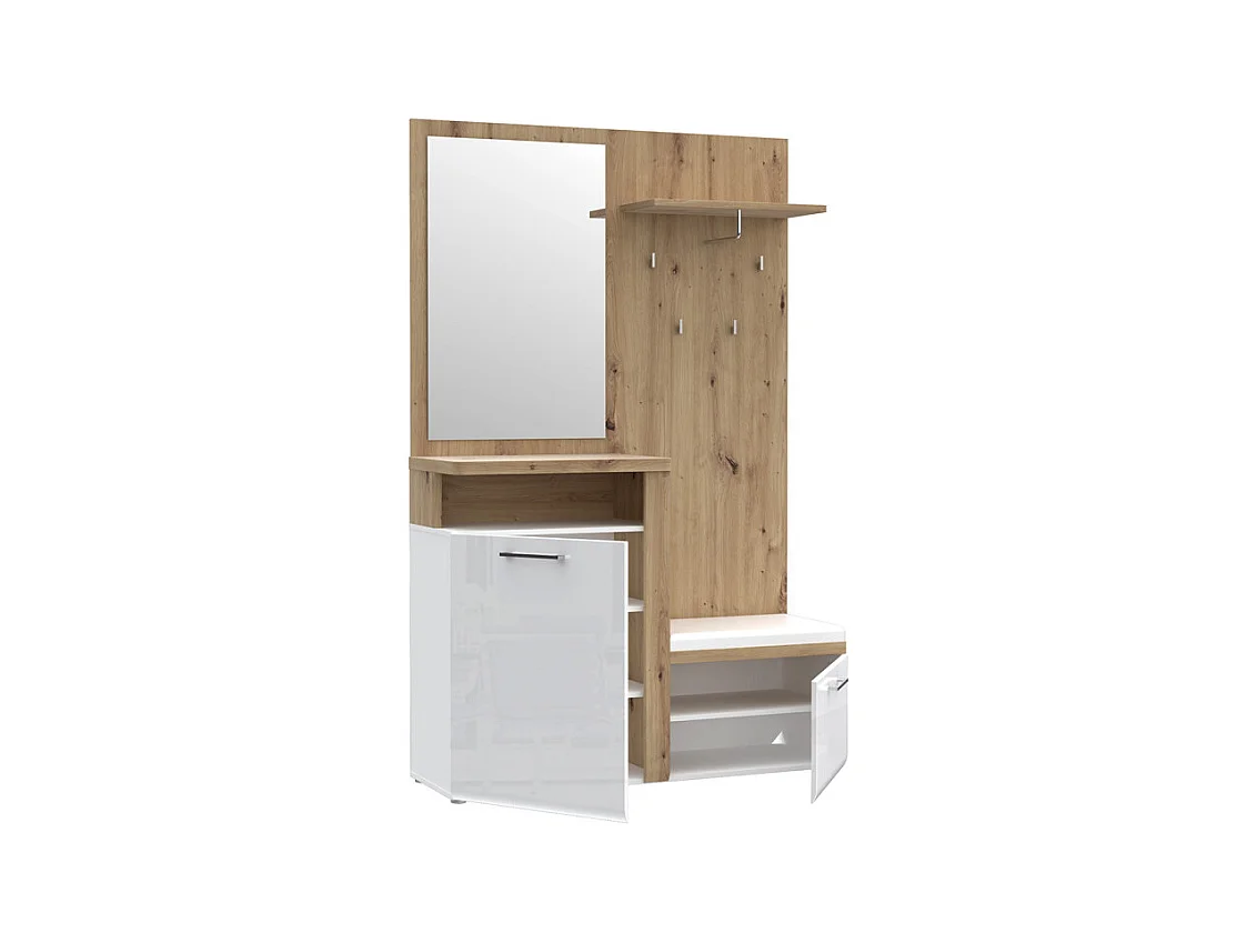 Meuble d'entrée 2 portes 1 miroir blanc laqué et décor bois - BERLIOZ