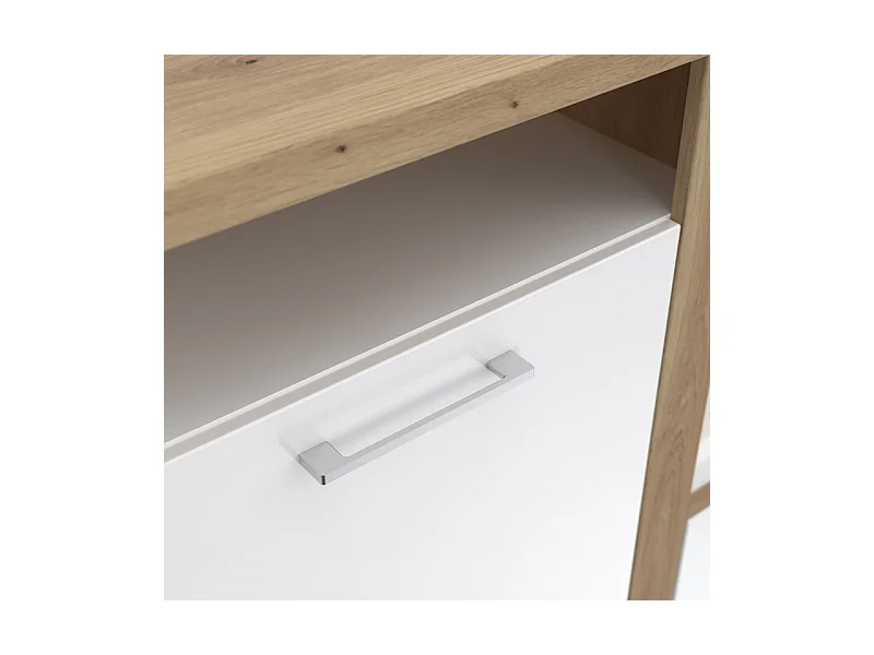 Meuble d'entrée 2 portes 1 miroir blanc laqué et décor bois - BERLIOZ