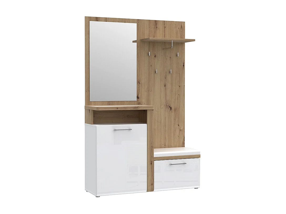 Meuble d'entrée 2 portes 1 miroir blanc laqué et décor bois - BERLIOZ