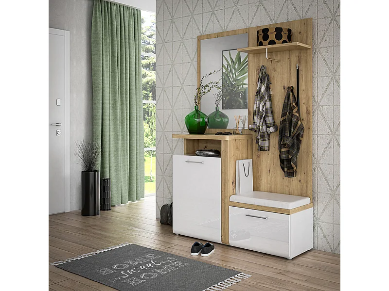 Meuble d'entrée 2 portes 1 miroir blanc laqué et décor bois - BERLIOZ