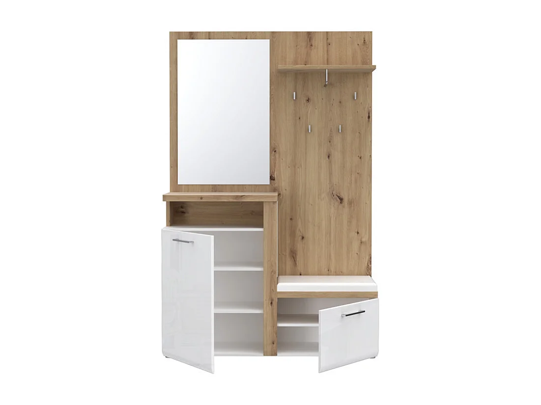 Meuble d'entrée 2 portes 1 miroir blanc laqué et décor bois - BERLIOZ