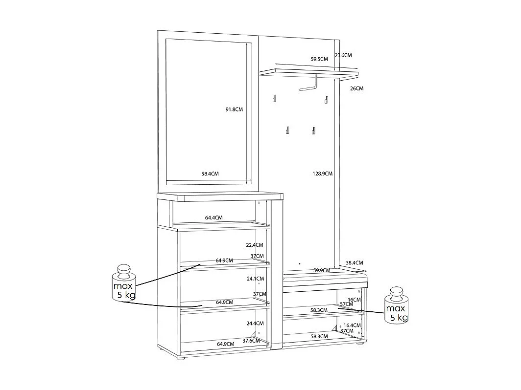 Meuble d'entrée 2 portes 1 miroir blanc laqué et décor bois - BERLIOZ