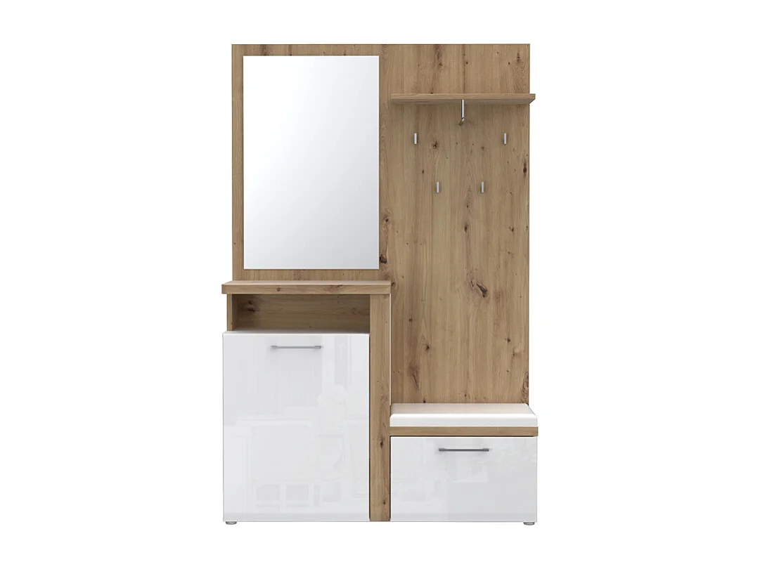 Meuble d'entrée 2 portes 1 miroir blanc laqué et décor bois - BERLIOZ