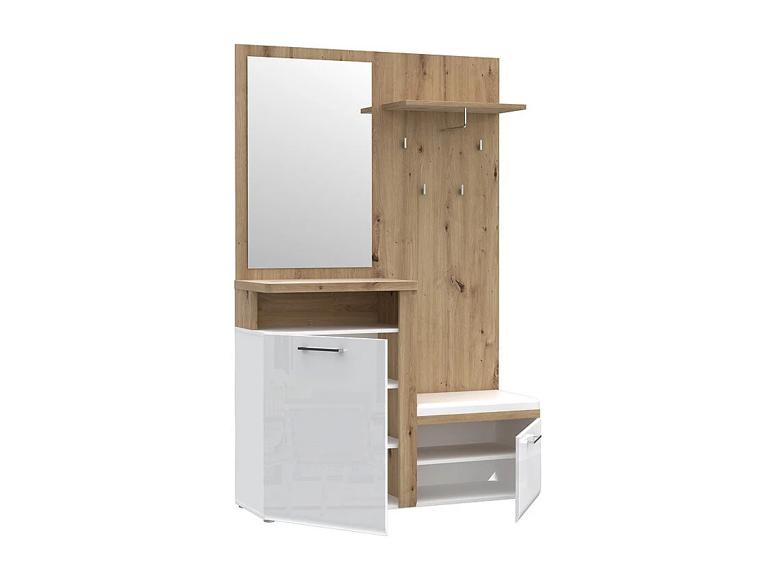 Meuble d'entrée 2 portes 1 miroir blanc laqué et décor bois - BERLIOZ