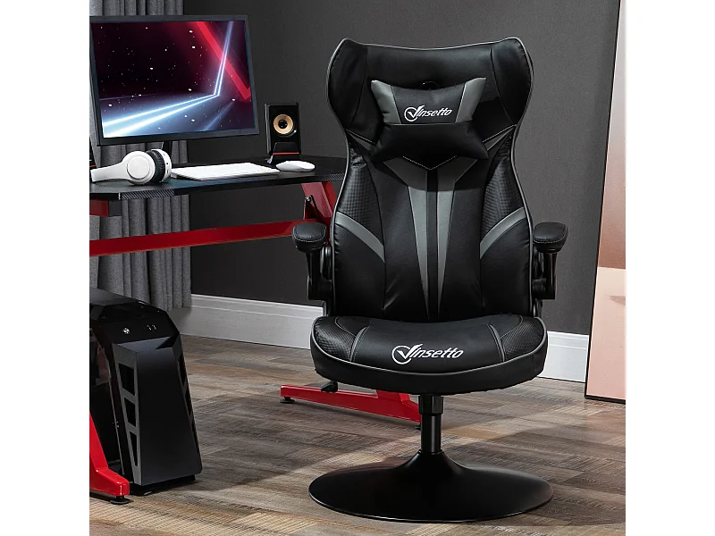 Fauteuil gaming base ronde métal pivotante 360° hauteur réglable tétière accoudoirs relevables PVC gris noir