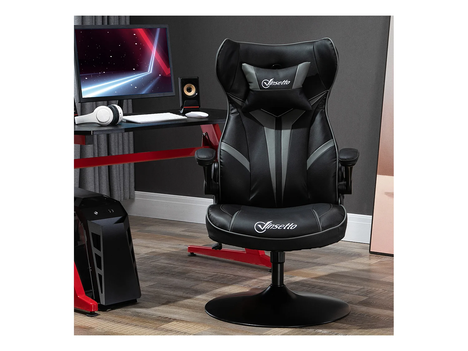 Fauteuil gaming base ronde métal pivotante 360° hauteur réglable tétière accoudoirs relevables PVC gris noir