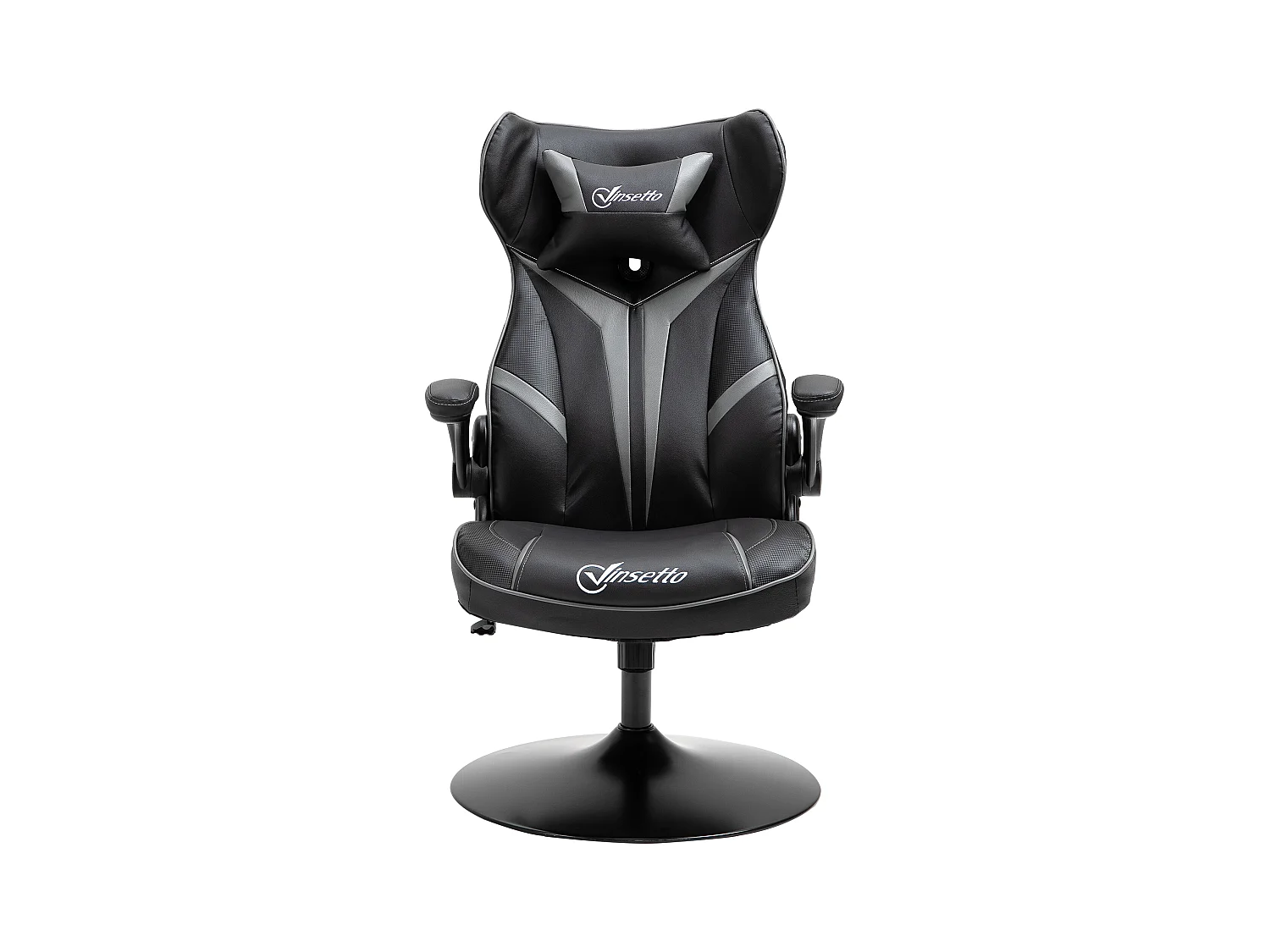 Fauteuil gaming base ronde métal pivotante 360° hauteur réglable tétière accoudoirs relevables PVC gris noir