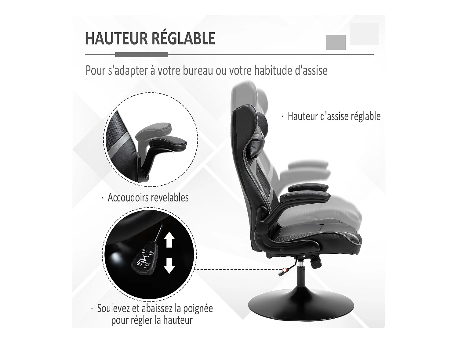Fauteuil gaming base ronde métal pivotante 360° hauteur réglable tétière accoudoirs relevables PVC gris noir