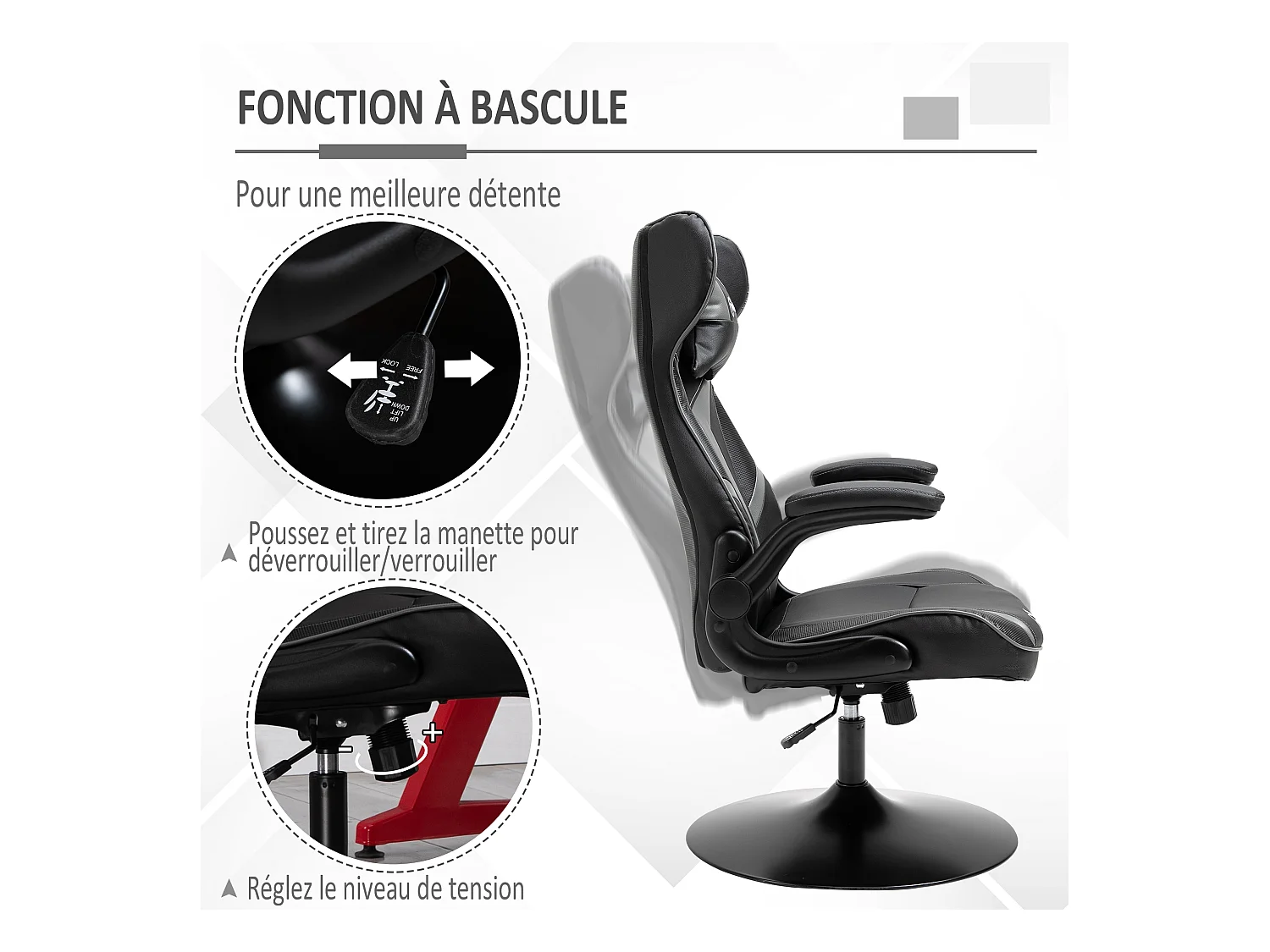 Fauteuil gaming base ronde métal pivotante 360° hauteur réglable tétière accoudoirs relevables PVC gris noir
